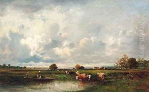Cattle and farmhands in a pasture by Leon Victor Dupre
