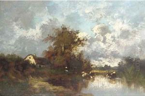 Cattle watering at a lakeside cottage by Leon Victor Dupre