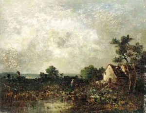 Cottage by a pond by Leon Victor Dupre