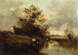 Cows at Watering Hole by Leon Victor Dupre