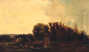 Cattle Watering In A Tranquil Country Landscape by Leon Victor Dupre