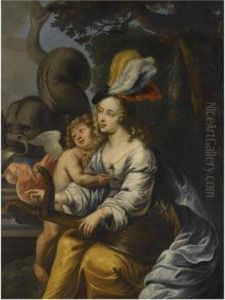 An Elegantly Dressed Lady Playing The Lute, Embraced By Cupid by Jurgen Ovens