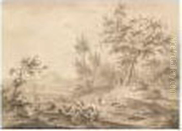 Wooded Landscape With Figures, A Cottage And Mountains In The Distance - view 1