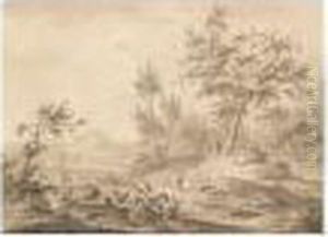 Wooded Landscape With Figures, A Cottage And Mountains In The Distance by Johann Friedrich Overbeck