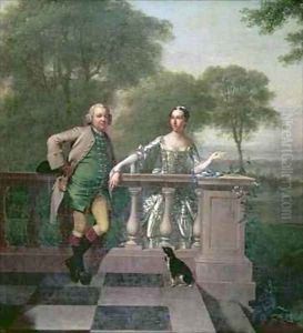 Portrait of Edward Gordon his sister Mrs Miles and her husband in their garden at Bromley by Arthur Devis