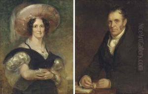 Portrait Of A Gentleman,
Half-length, In A Black Coat, Holding His Spectacles And A Book; And
Portrait Of A Lady, Half-length, In A Black And White Dress And
Feathered Hat, In A Landscape by William Owen
