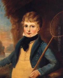 Portrait Of A Boy, Half-length, 
In A Blue Jacket And Yellowbreeches, White Shirt And Black Stock, 
Holding A Fishing Net, In Alandscape