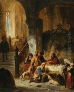 Large Room Witha Company Sitting At A Table Laid
For Dinner by David Oyens