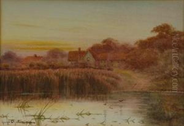 British River Landscape In Summer; Cottages By A Pond At Sunset - view 1