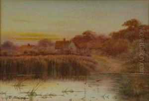 British River Landscape In Summer; Cottages By A Pond At Sunset by George Oyston