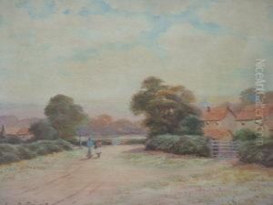 Figures On A Pathway With Cottages And Woodland And A Woodland View With A Stream by George Oyston