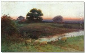 Landscape Scene With Sheep And River In The Foreground Landscape Scene With Sheep And River In The Foreground