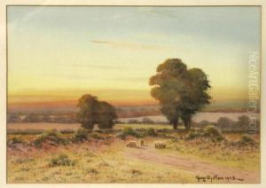 A Summer Landscape At Sunsetwith Sheep Grazing In The Foreground
