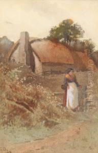Landscape With Afarmhouse And A Farmer's Wife Wearing A White Apron by George Oyston