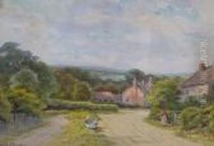 Country Village Lane With Figures Conversing by George Oyston
