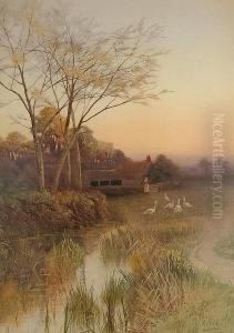 Geese By A River; Figure On A Rural Lane