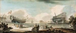 The Builder's Yard; And Three-masters Preparing To Set Sail