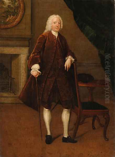 Portrait of a gentleman, full-length, in a brown coat and waistcoat, his left arm resting on a chair, his right hand holding a cane, in an interior - view 1