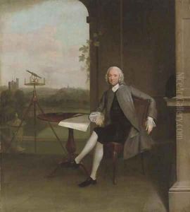 Portrait of Jonas Hanway, small full-length, seated at a table, beside a surveyor's theodolite and a classical urn, overlooking a landscape