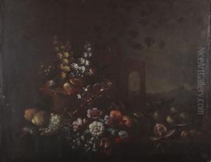 A Still Life Of Assorted Fruit And Flowers On A Ledge by Michele Pace Del (Michelangelo di) Campidoglio