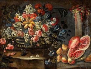 Hans Efterfoljd Stilleben Med Frukter Och Blommor by Michele Pace Del (Michelangelo di) Campidoglio