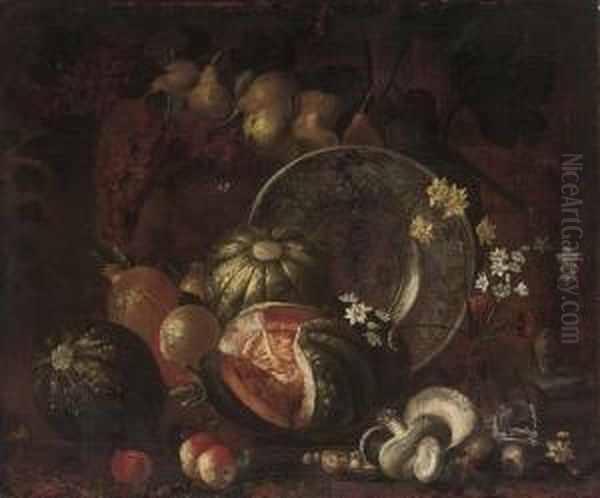 Narcissi And Carnations In A
Glass Vase, A Blue And White Porcelain Plate, Mushrooms, Melons, Apples
And Other Fruit - view 1