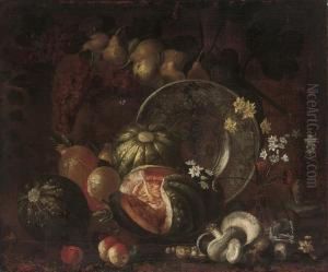 Narcissi And Carnations In A
Glass Vase, A Blue And White Porcelain Plate, Mushrooms, Melons, Apples
And Other Fruit by Michele Pace Del (Michelangelo di) Campidoglio