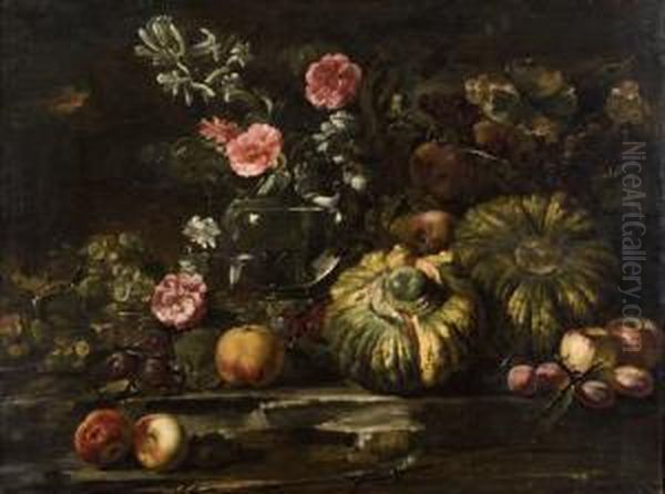 Uve, Mele, Pesche, Zucche, Tuberose E Rose In Un Vaso Dicristallo - view 1