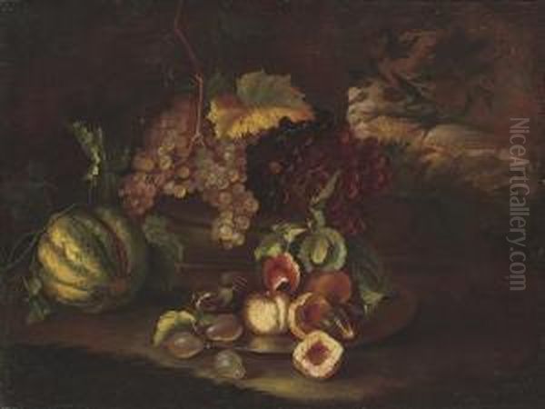 Grapes On The Vine, Peaches, Figs, Pears And A Melon, By A Column, In A Landscape - view 1