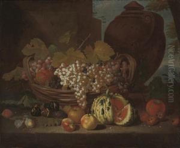 Red And White Grapes On The Vine
 In A Basket, With Peaches, Figs, Plums And A Mellon On A Stone Ledge, 
By A Column And An Urn, A Landscape Beyond - view 1