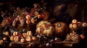 Squash, Peaches, Apples, Grapes And Plums On A Stone Ledge by Michele Pace Del (Michelangelo di) Campidoglio