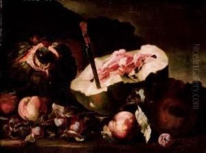 A Watermelon And A Melon With Peaches And Plums In A Landscape by Michele Pace Del (Michelangelo di) Campidoglio