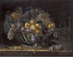 A Still Life Of Plums, Peaches And Grapes In A Silver Bowl by Michele Pace Del (Michelangelo di) Campidoglio