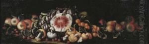 Cherries, Apples, Pears, Peaches, Mushrooms And A Watermelon On Aledge