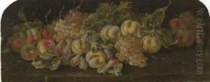 White Grapes, Black Grapes, Peaches, Plums And A Gourd On A Ledge;and Another Similar by Michele Pace Del (Michelangelo di) Campidoglio