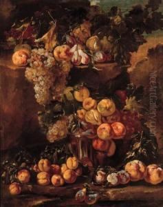 Grapes, Apples, Plums And Figs In A Glass Bowl With Other Fruit Ona Ledge In A Landscape