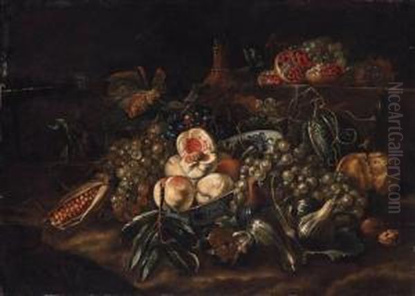 Peaches In A Blue And White Dish
With Grapes, Figs, Pomegranates,walnuts, Sweetcorn And A Carafe - view 1