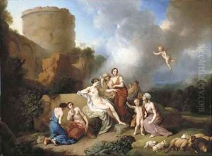 A classical landscape with Venus and Cupid, and attendant nymphs by Christian Wilhelm Ernst Dietrich