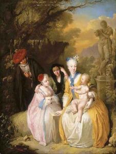 Elegant figures in a garden with Cupid