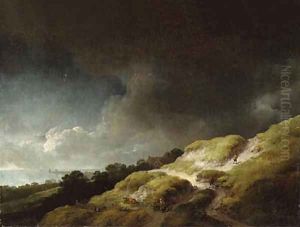 A dune landscape with figures and a cow on a hillside, beneath a stormy sky