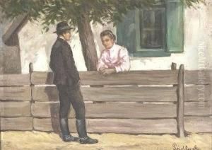 Man And Woman Chatting By A Fence by Aladar Padly