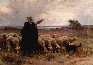 Shepherdess with her Flock by Theophile Louis Deyrolle