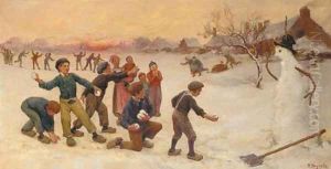 Playing with snowballs by Theophile Louis Deyrolle