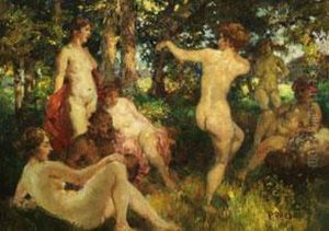 Pan Zwischen Liegenden Und Tanzenden Nackten Nymphen Im Park by Paul Paede