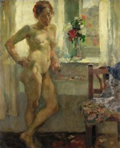 Weiblicher Akt Und Blumenstrauss by Paul Paede