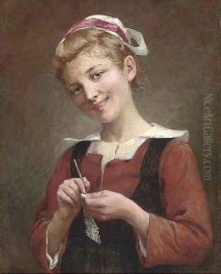 A young girl knitting