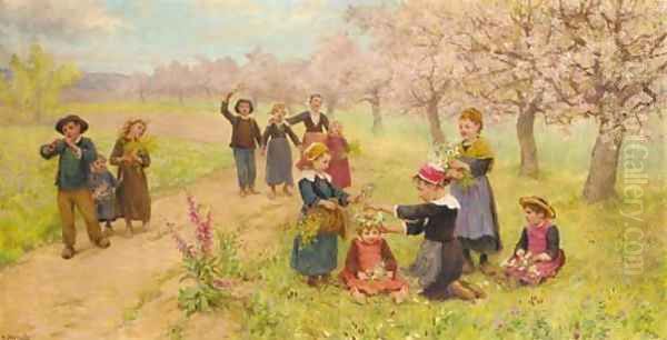 Children gathering spring flowers - view 1