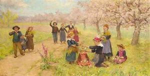 Children gathering spring flowers by Theophile Louis Deyrolle