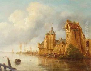 A river landscape with fishermen by a castle by Claude De Jongh