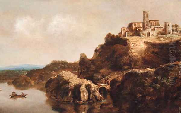 An extensive landscape with a monastery above a river - view 1
